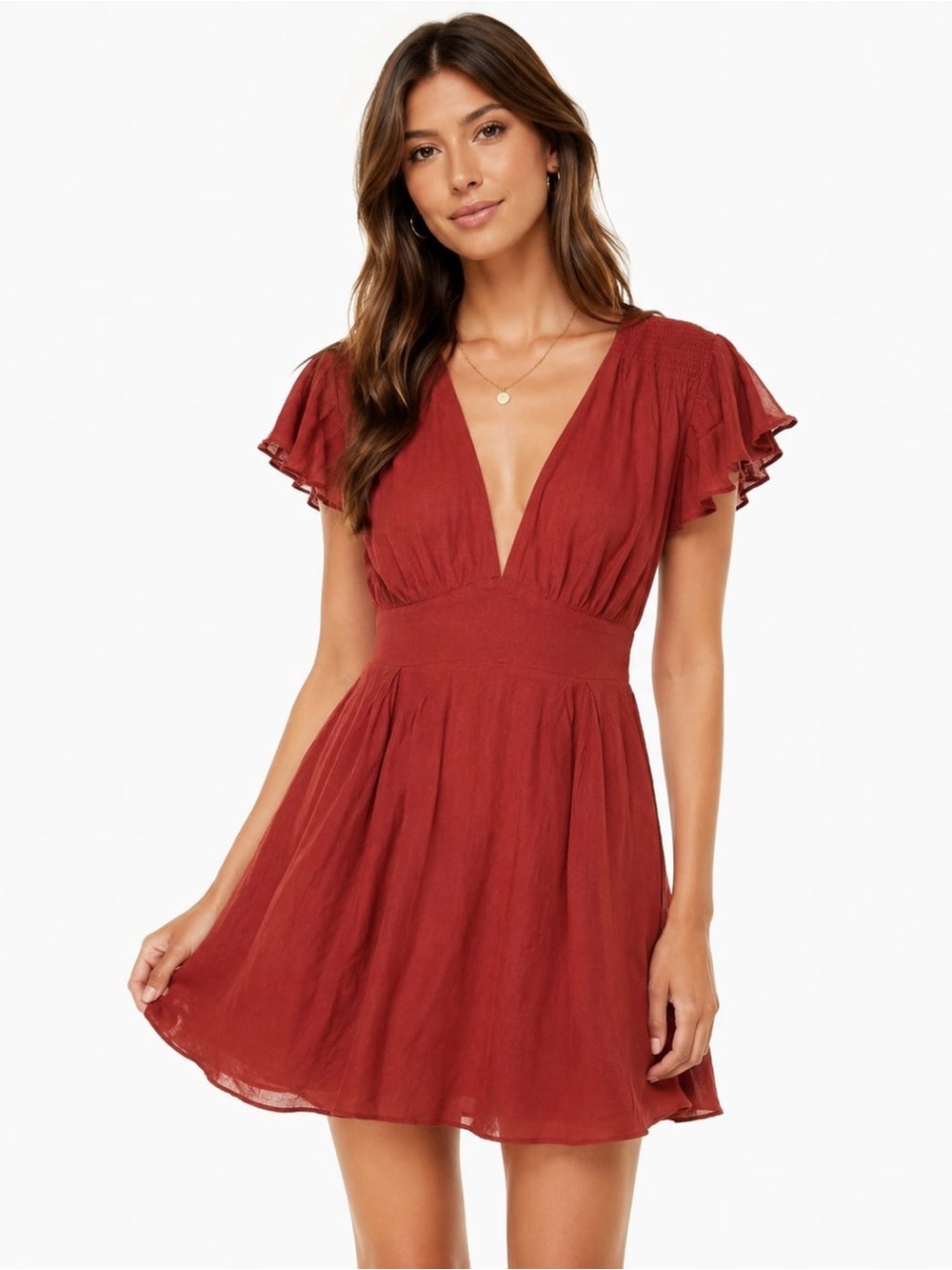 NWT Aritzia Sunday Best Vanessa Dress Burnt Clay XXS Flutter Sleeve Mini